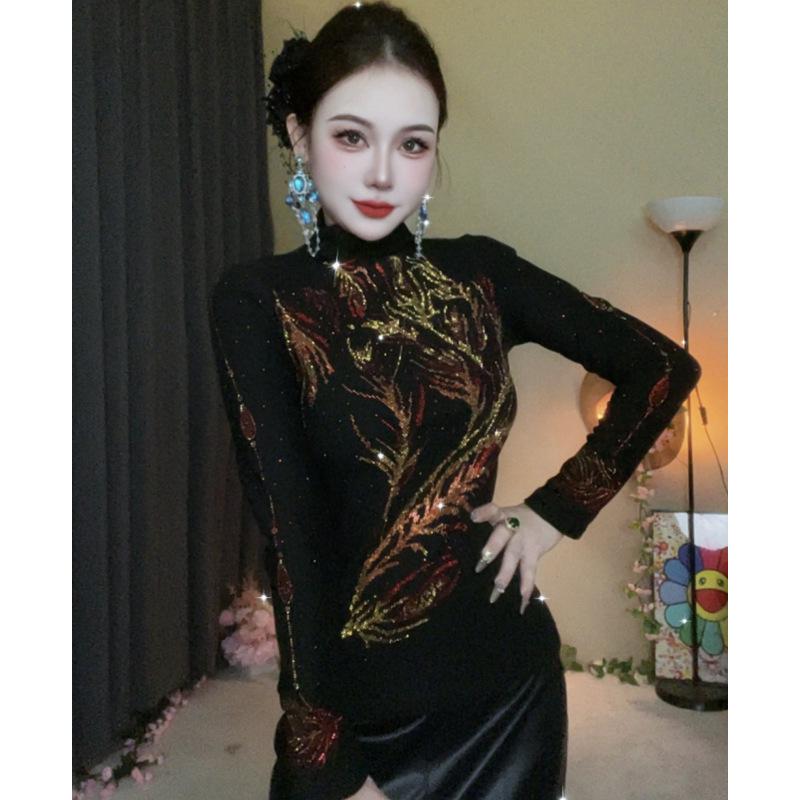 De Rong Women's Elegant Semi-High Neck Rhinestone Long-Sleeve Base Layer Shirt, Autumn/Winter Collection