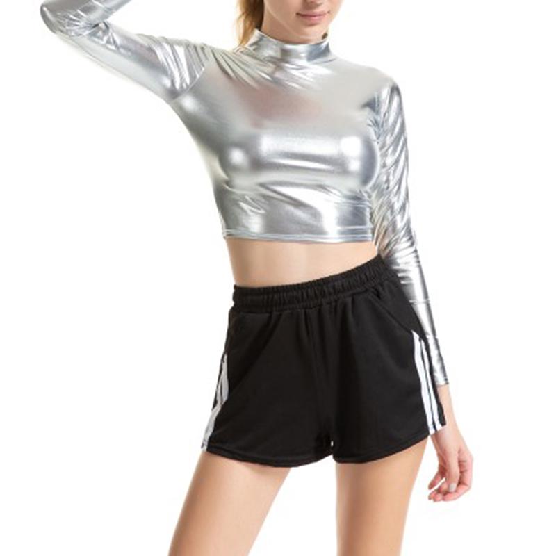 Party Patent Leather Women's Crop Tops Cosplay 1Pc Shiny Lady Solid Half Turtleneck Tops