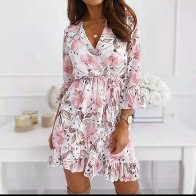 FASHION Women Print Floral Ruffle Dress Fashion Short Sleeve V-neck Loose Casual Belt Sundress Female Elegant Summer Beach Vestidos