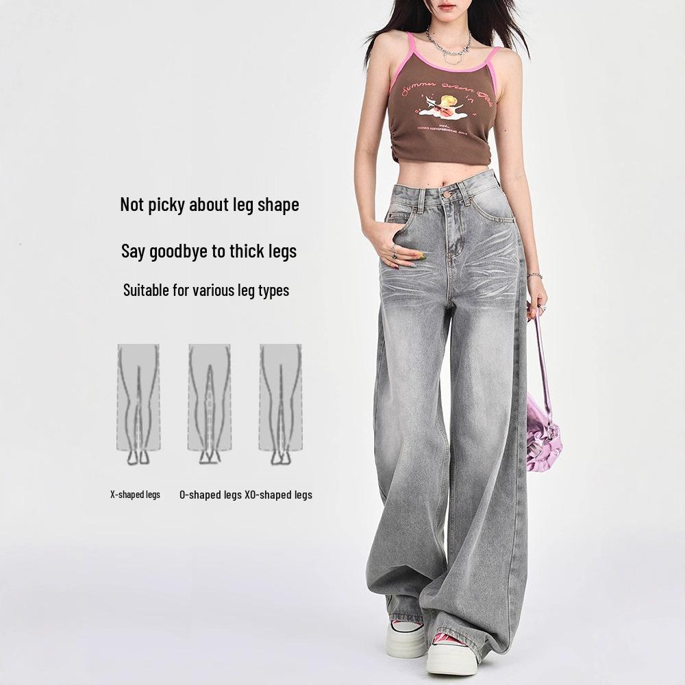 Women's 2025 Spring Gray Low-Rise Wide-Leg Retro Petite Jeans