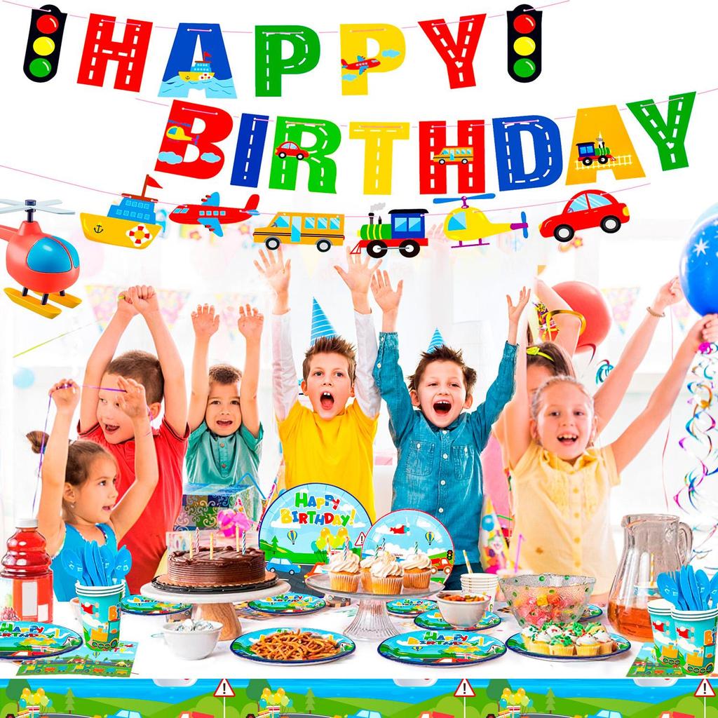 190pcs Transportation Birthday Party Supplies, Transportation Party Tableware Set-Banner Tablecloth Plates Napkin Etc