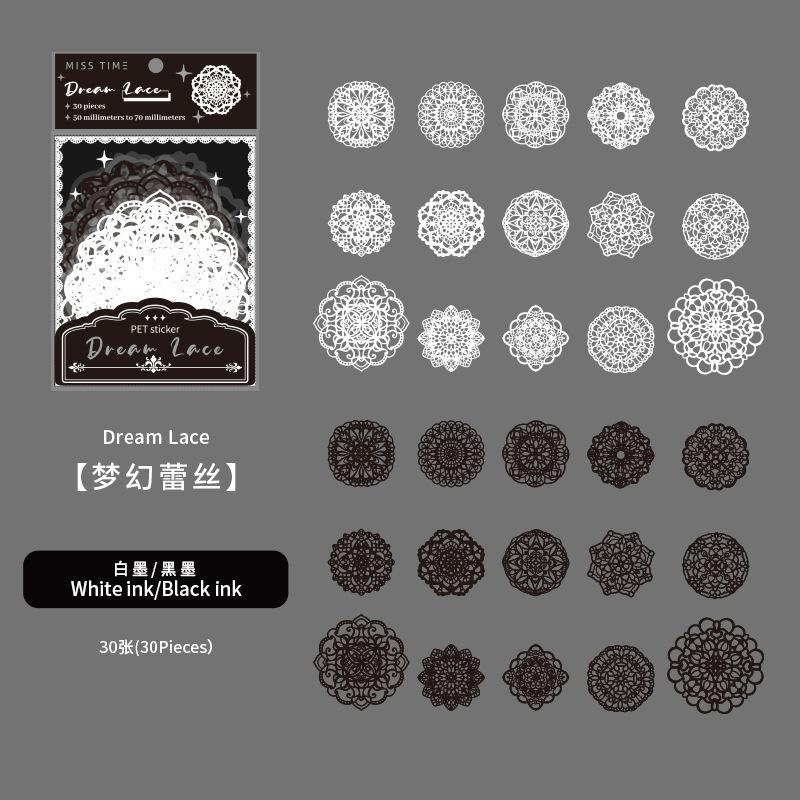 

30pcs No Repeat Vintage Black & White Lace Sticker Set, European Old Style Journal Collage Material, Student Stationery DIY