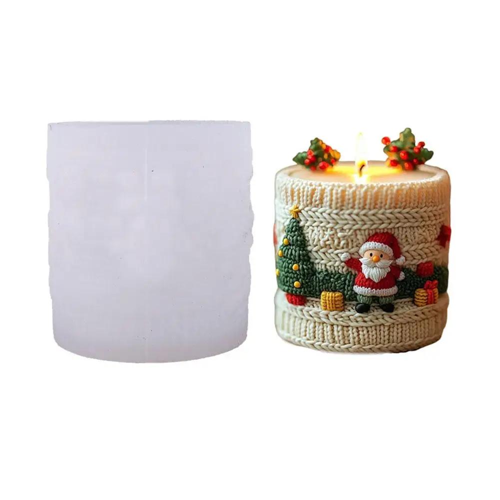 Santa Claus Knitted Cylinder Candle Silicone Mold Relief Santa Mold Claus Cylindrical Candle Mould Aromatherapy Gypsum Chri J8D3