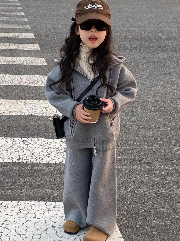 Korean Kids' Gray Casual Hoodie & Wide-Leg Pants Set - Girls' 2025 Autumn/Winter Trendy Wear