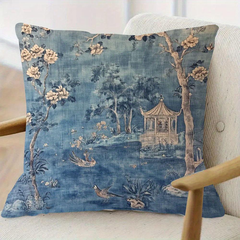 1Pc Of Short Plush Decorative Pillow Cover Featuring An Vintage French Chinoiserie Design In Blue, With Single-Sided Printing. I