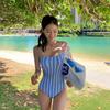 Blue Striped Triangle One-piece Conservative Skinny Suspender One-piece Swimsuit Female Small Breast Student Seaside Swimsuit Hot Spring