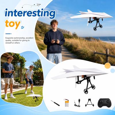 Remote Control Paper Airplane Kit with Dual Propellers DIY Glider Toy Includes Controller Battery Charger and Landing Gear for Outdoor Use