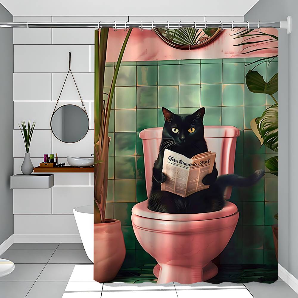 Black And Pink Cat Funny And Creative Beach Shower Curtain Waterproof Polyester Bath Curtains For Bathroom Decorate With Hooks