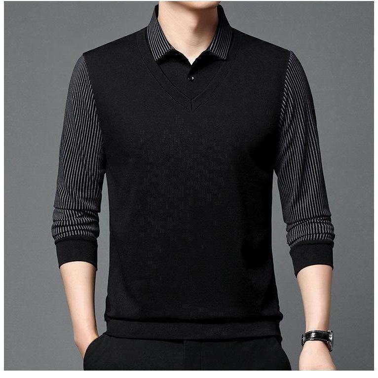 Men's Casual Long Sleeve Polo Shirt Polyester & Spandex Blend, Lapel Collar, Striped Knit Fabric with Slight Stretch, Button Detail, Spring/Fall Wear