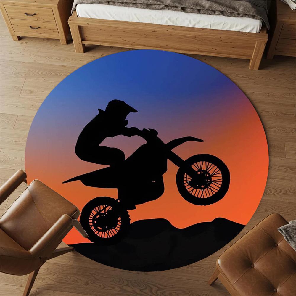 1pc Motorcycle Sunset Round Chair mat Area Rug - Non-Slip, Floor Mat for Office, Bedroom, home decor Christmas Gift p0811050