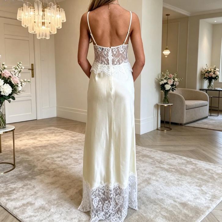 Europäisches und amerikanisches Temperament elegantes tief ausgeschnittenes Trägerkleid, sexy Spice Girl Spitzenpatchwork durchsichtiges rückenfreies Kleid