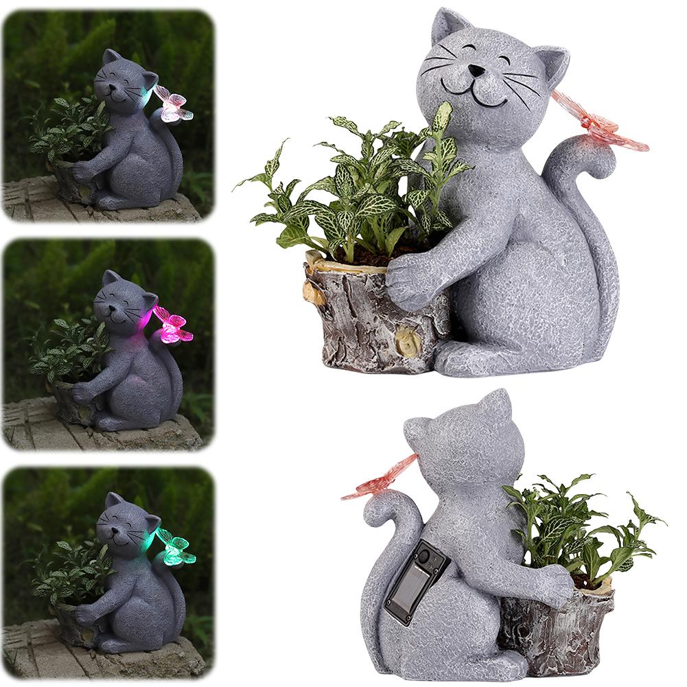 Solar Powered Decorative Animal Planter Resin Cat Flower Pot with Light Cat Butterfly Planter Statue Courtyard Ornament