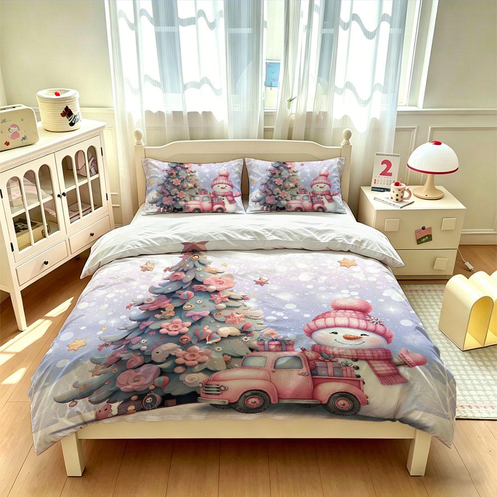 A set of 3 pieces (1 bedspread + 2 pillowcases) featuring a pink Christmas snowman tree perfect for home decoration