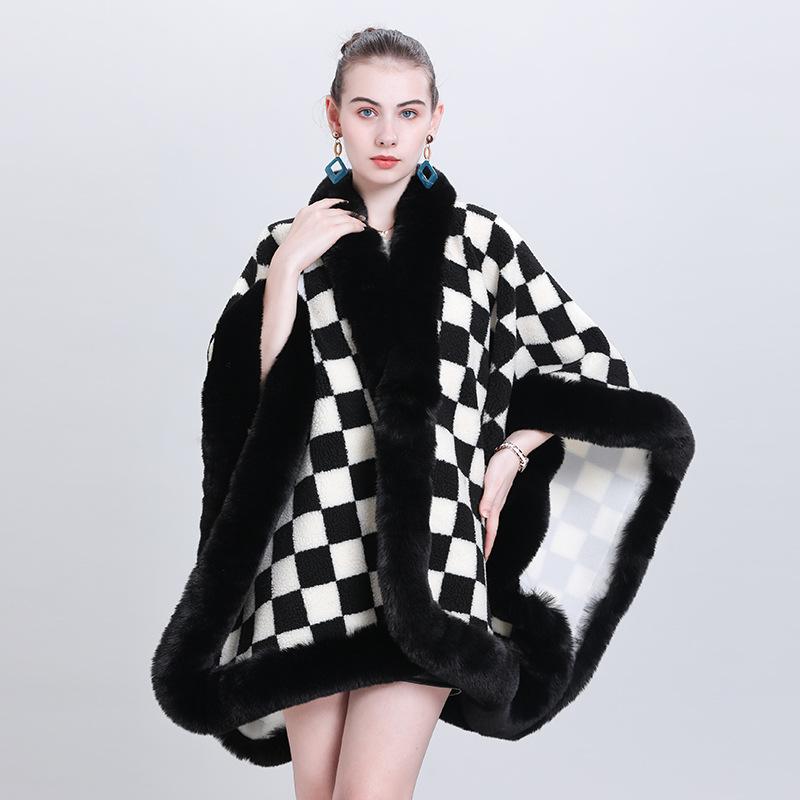 Fashion Scarf Shawl Thickened Plaid Fur Collar Cape Shawl 0982 #