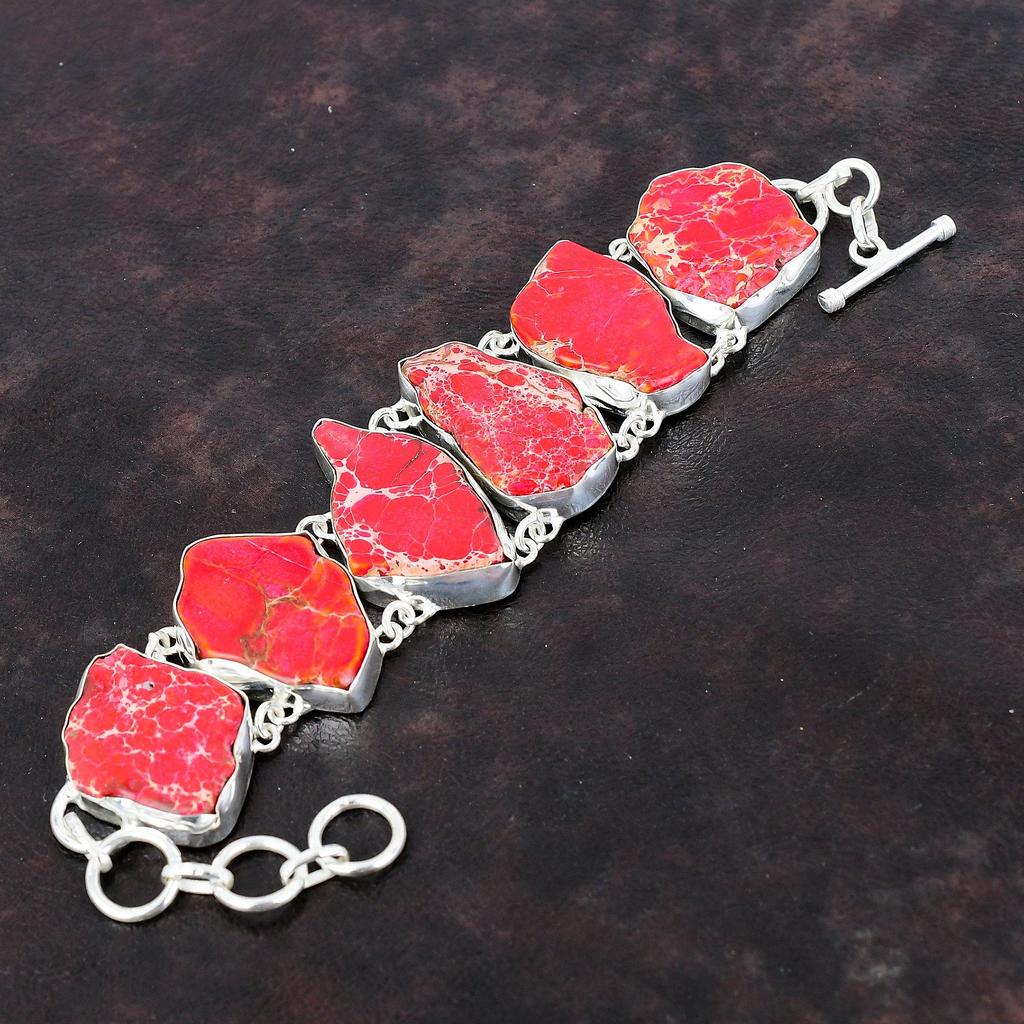 Red Sea Sediment Jasper Bracelet Handmade Gemstone Bracelet 925 Sterling Silver Bracelet Adjustable Chain Bracelet Boho Jewelry Gift For Him