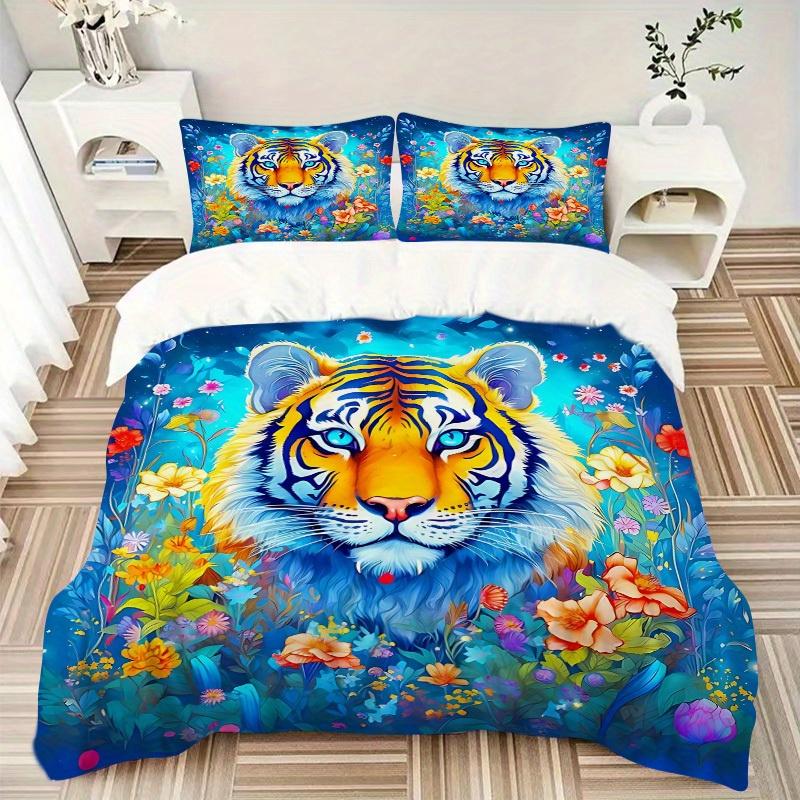 3pcs Tiger Flowers Soft Comfortable Bedding Set, For Bedroom, Guest Room And Dorm, All - Season Use, High-Definition Printing189