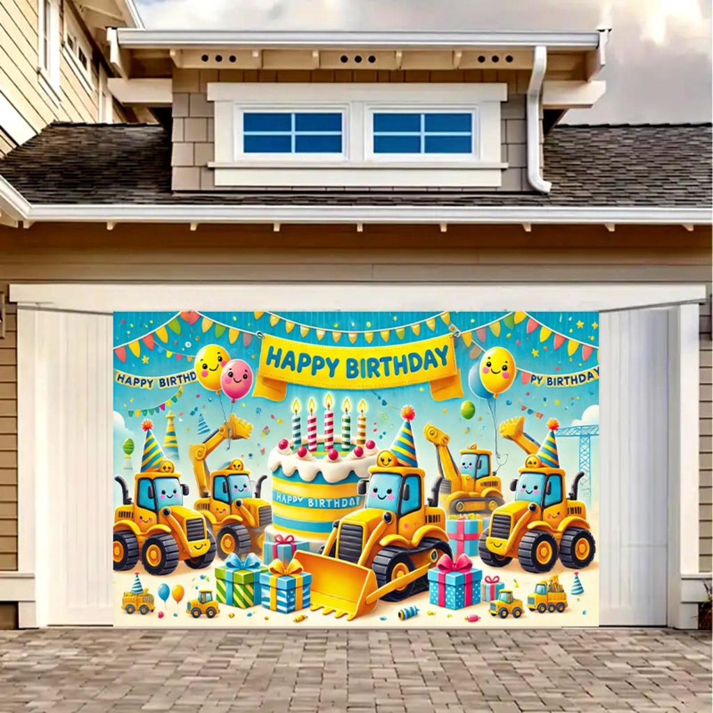 Sfondo per festa di compleanno a tema architettonico, banner resistente, sfondo escavatore