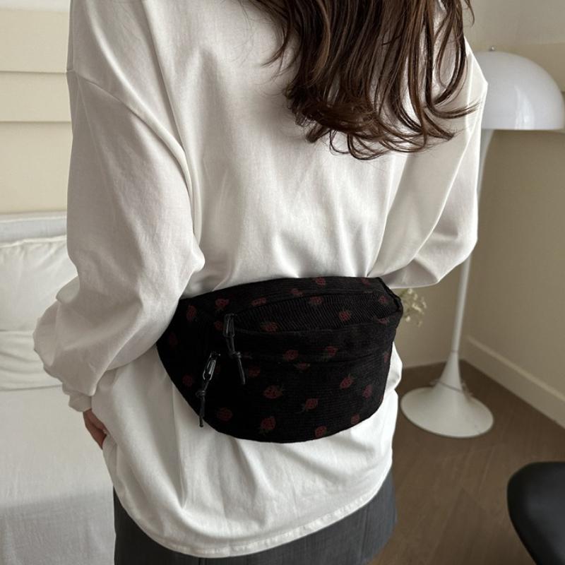 Waist Bag Women Men Corduroy Fanny Pack Strawberries Pocket Fashi Chest Handbag Sports Travel Purse Plaid WaistPack Belly Bags