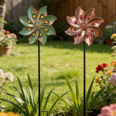 Metal Flower Wind Spinner Garden Kinetic Wind Sculpture Outdoor Retro Wind Spinner with Stake for Yard Lawn