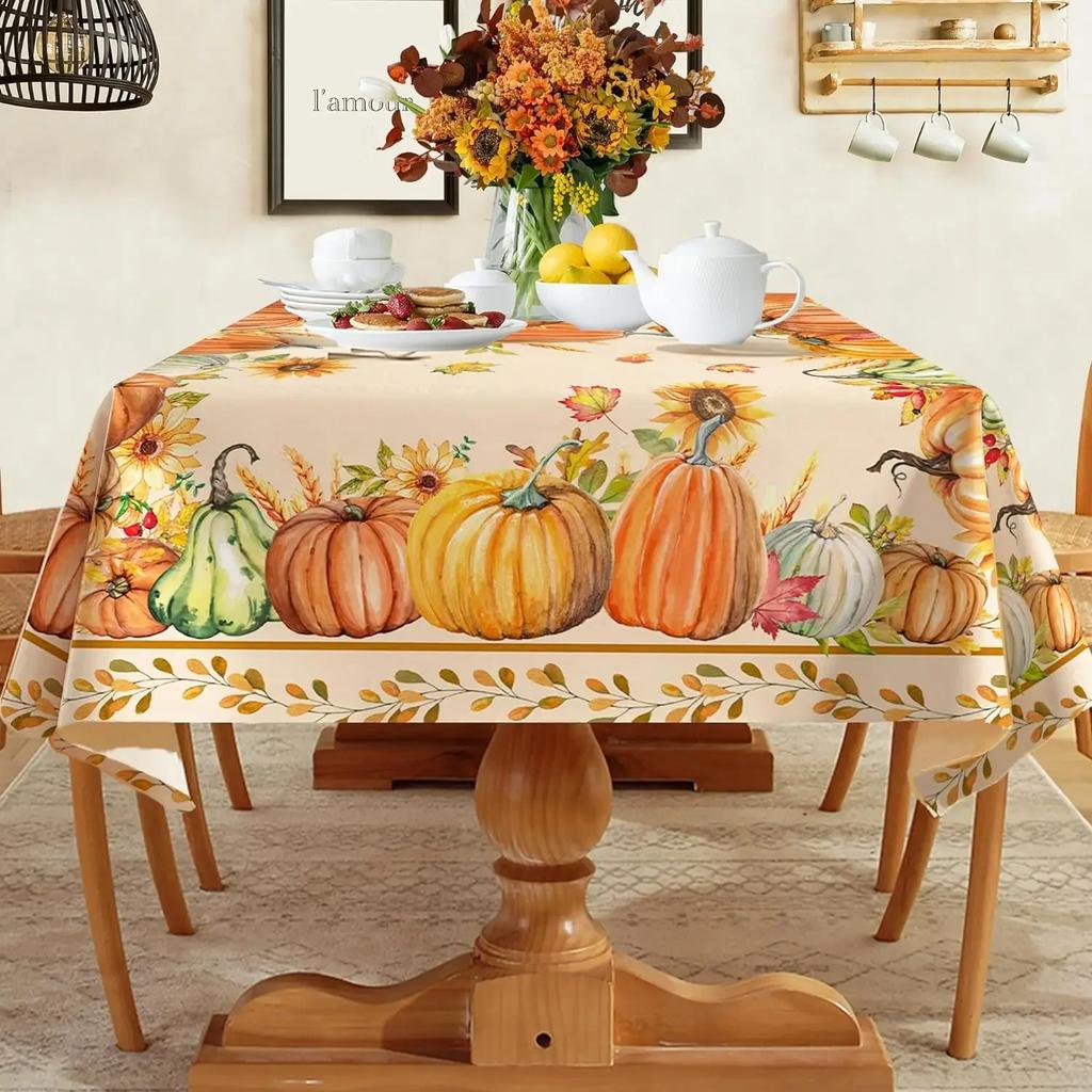 Rectangle Fall Thanksgiving Tablecloths Autumn Watercolour Pumpkin Maple Leaf Table Cover for Home Party Dining Room Table Decor