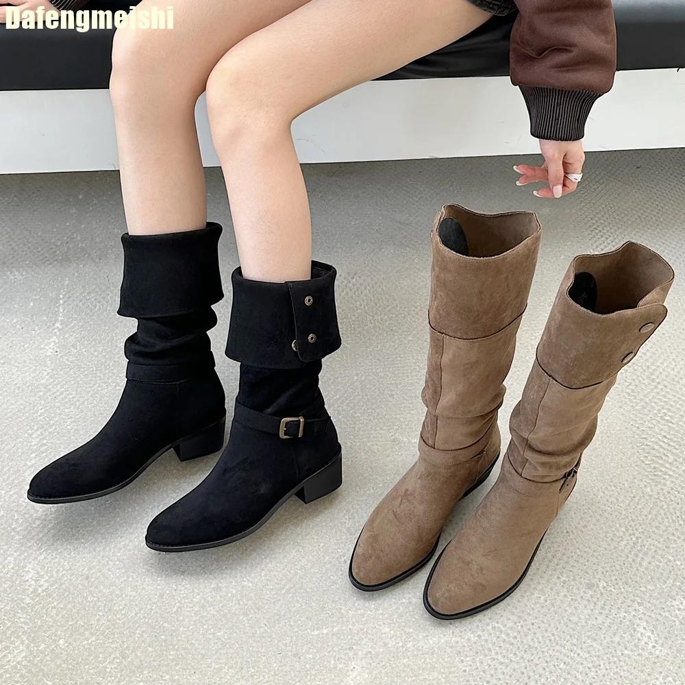 2025 New Winter Thick Heel Boots Women Western Cowboy Pointed Toe Black/khaki Suede Knee-High Boots Turned-Over Edge Boots