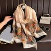 Faux Silk Scarf with Beading Embroidered Crabapple Flower Design Women Versatile Shawl Comfortable Imitation Silk Scarf