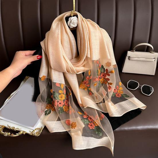 Faux Silk Scarf with Beading Embroidered Crabapple Flower Design Women Versatile Shawl Comfortable Imitation Silk Scarf
