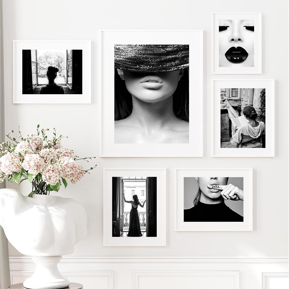 Paris Mode Mädchen Buch Lippe Tür Wandkunst Malerei Schwarzweiß Vintage Poster Bilder Für Wohnzimmer Dekor Leinwanddrucke