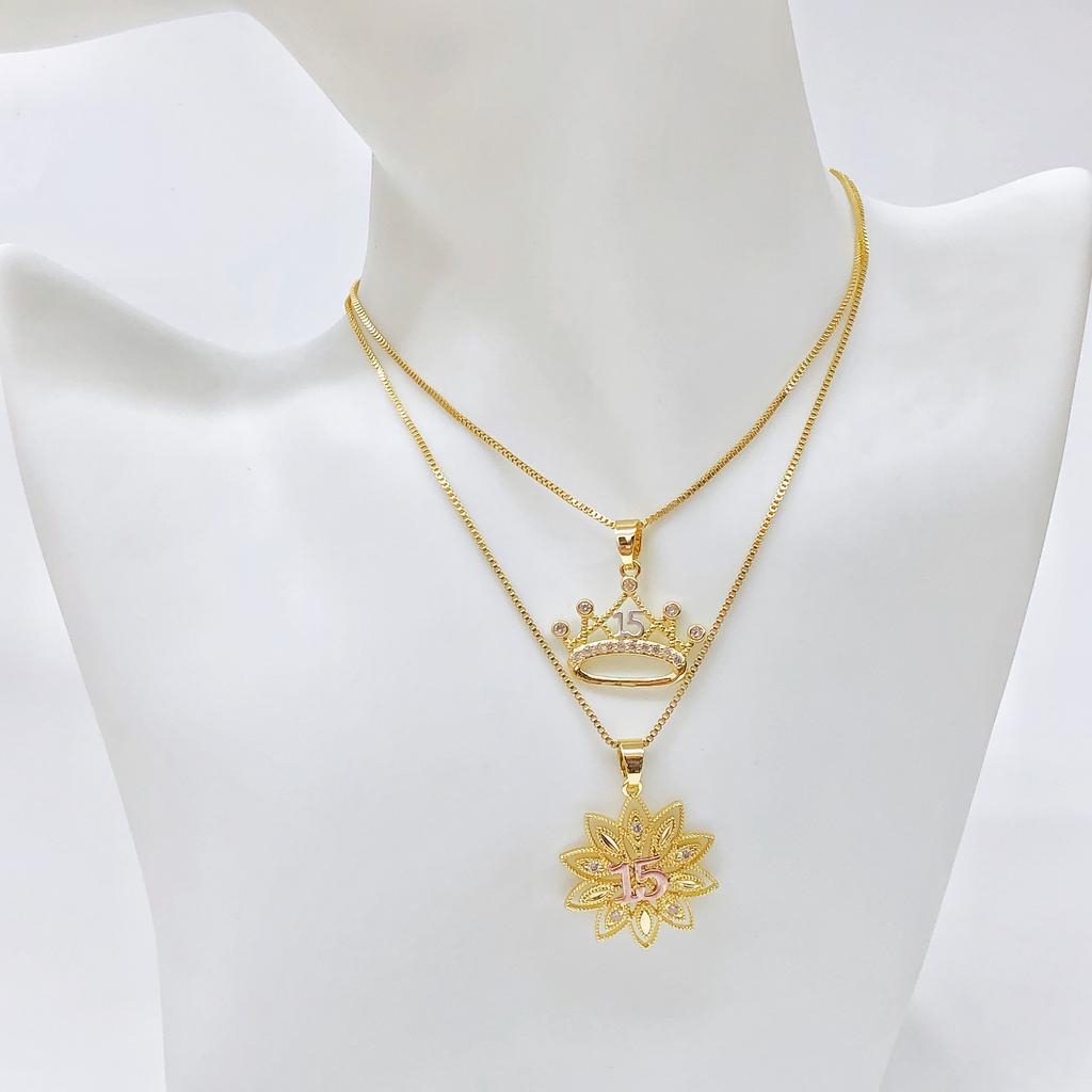 10-Style Gold-Plated Shiny Zircon Crown 15th Birthday Pendant Necklace Classic for Girls' Party Vacation Jewelry Birthday Gift