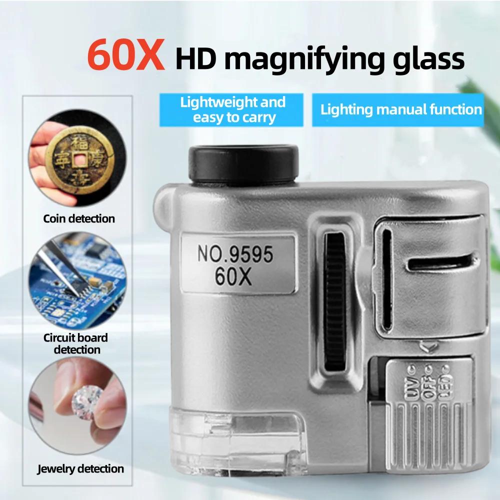 60X Handheld Magnifying Glass MiniPocket UV Magnifier Portable jewelerMicroscope Loupe With LED Light