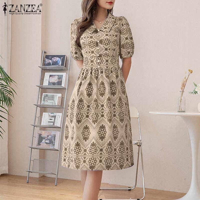 ZANZEA Women Casual Turn Down Collar Short Sleeve Summer Print Dress