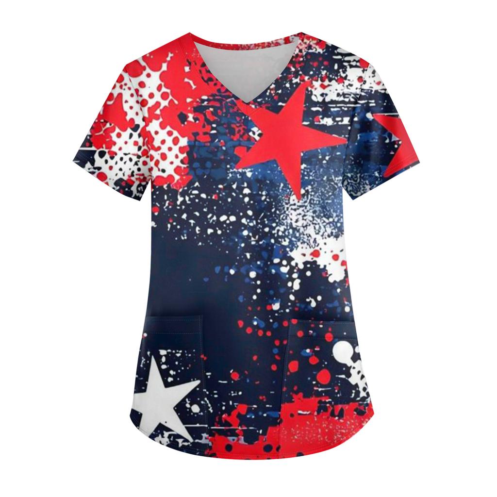 Modisches V-Ausschnitt-Taschen-Kurzarm-Uniform- und Pflegekraft-Oberteil für Damen mit Aufdruck zum Unabhängigkeitstag