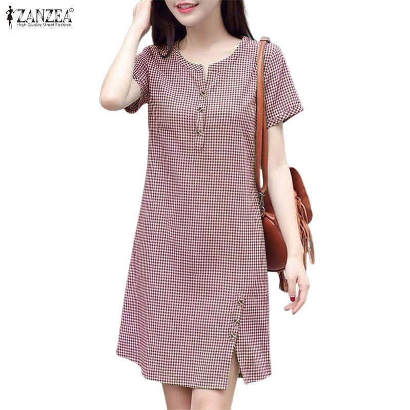 ZANZEA Women Plaid Print Casual V-Neck Summer Short Sleeve Dress