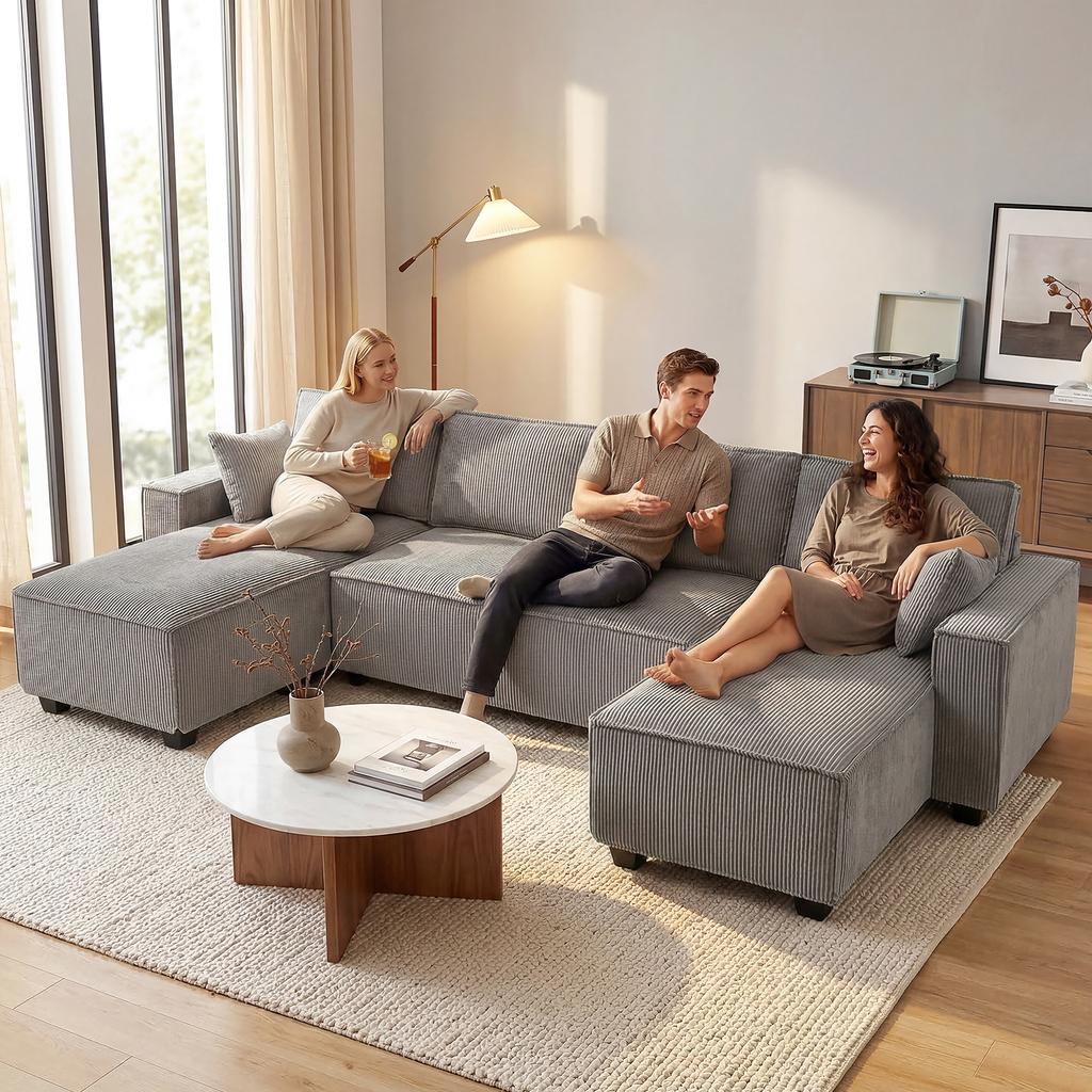 Corner Sofa with Double Chaise Lounges, U-Shaped Sofa Made of Corduroy Fabric with Wide and Deep Seat, Spring Cushions, Light Grey