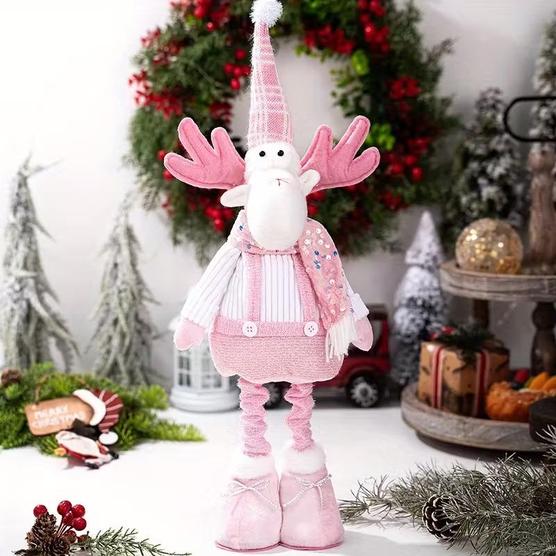 Pink Sequin Poseable Doll Christmas Snowman Santa Reindeer Winter Window Decoration with Plush Hat Scarf Indoor Holiday Decor