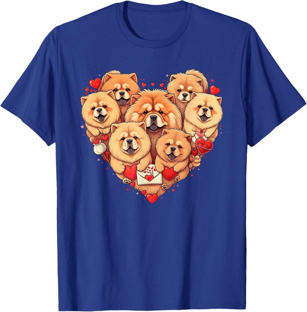 Chow Chow Heart Valentine Dogs Graphic Tee Short Sleeve Crewneck Casual Cotton T-Shirt for Men Women