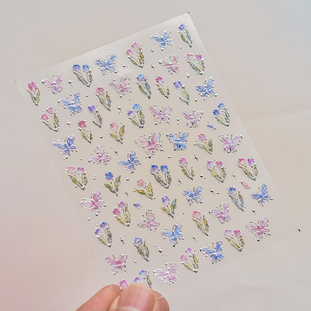 Cherry Blossom Pink Flower Sakura Spring 5D Nail Art Sticker Gold Stamping Soft Adhesive Relief Adhesive Chic Manicure Decals