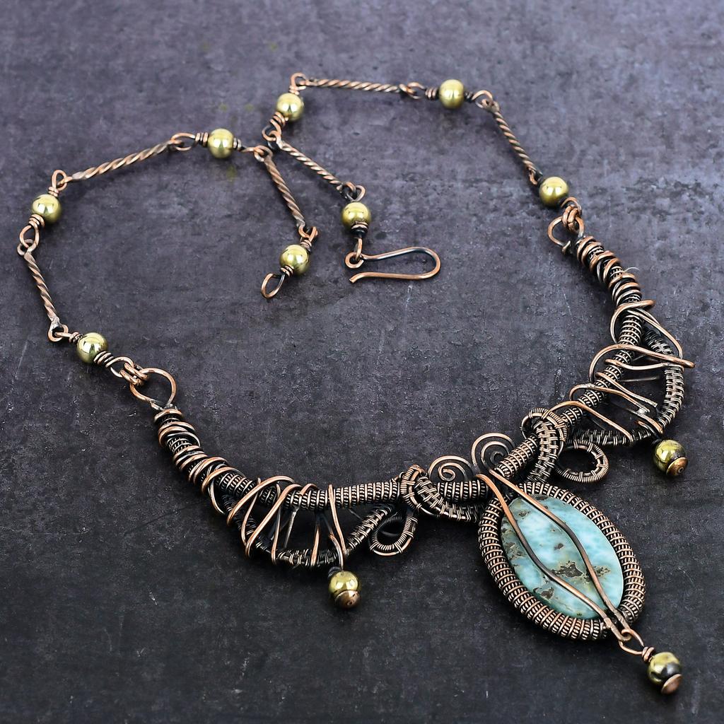 Natural Larimar Gemstone Handmade Copper Wire Wrap Jewelry Necklace 18" P1V09