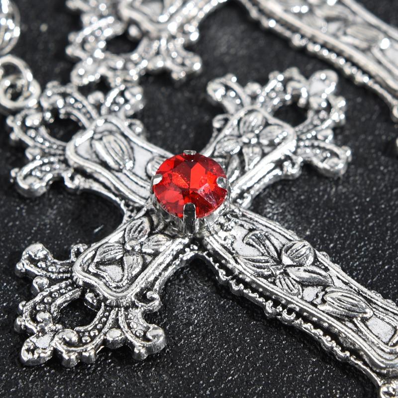 Large Gothic Cross Drill Pendant Jewelry Necklace Silver Color Red Tone Punk Jewellery Fashion Charm Statement Women Gift