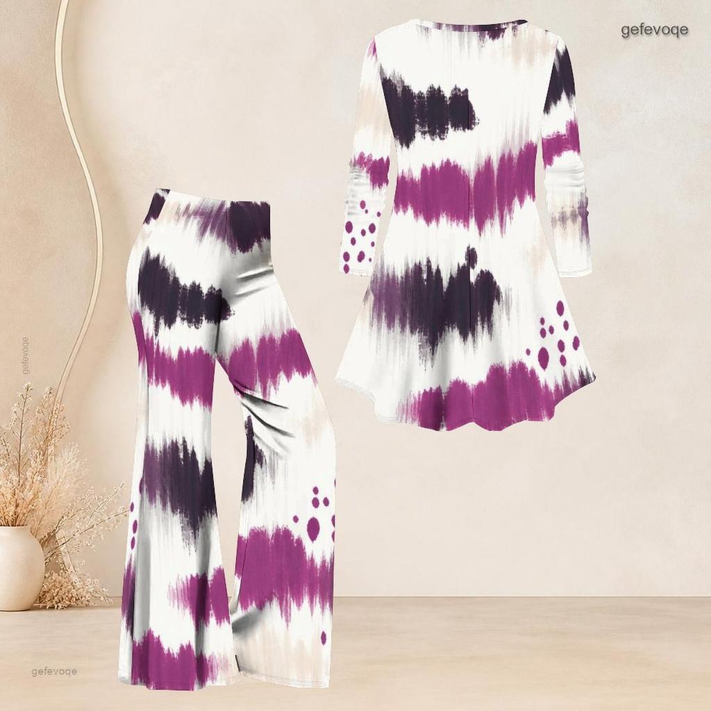 Women Plus Size Printed V Neck Three Quarter Sleeve Flared Top And Flared Pants Two Piece Set