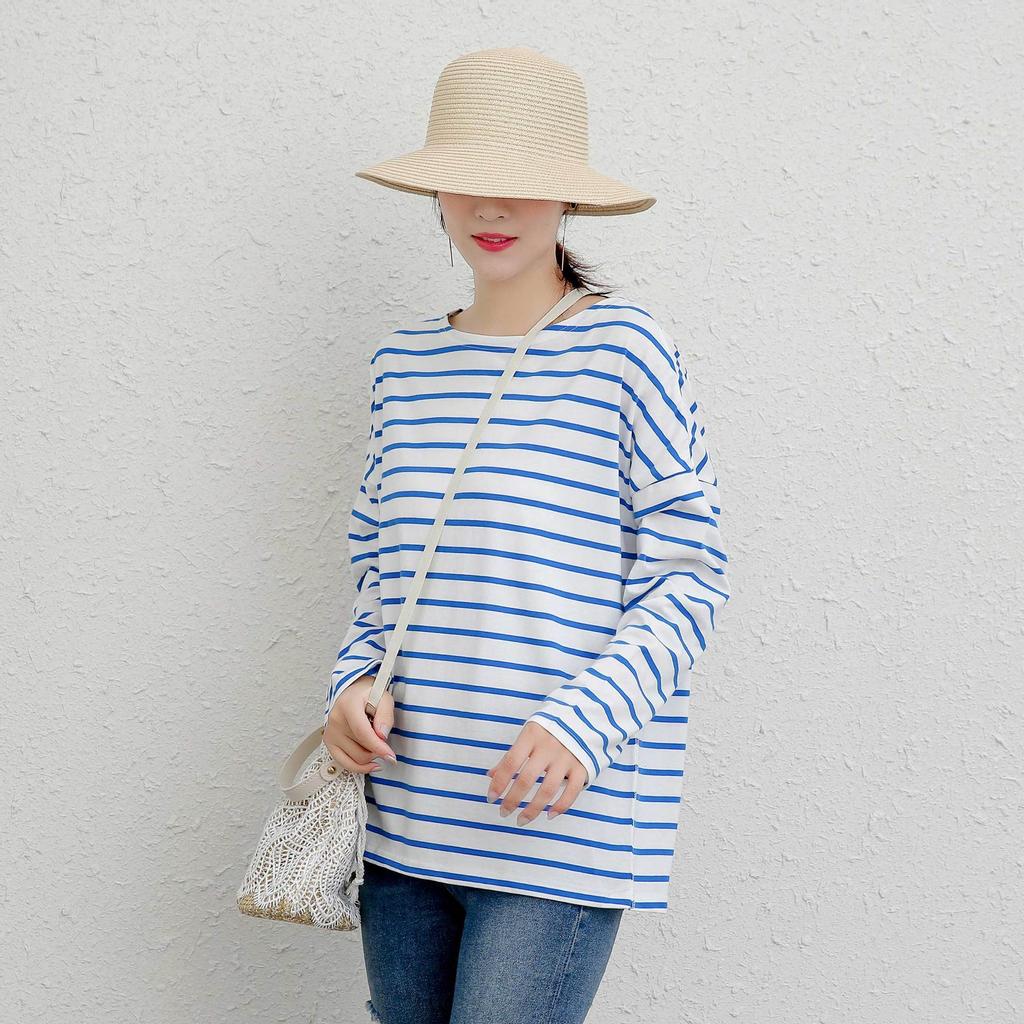 Johnature Striped Casual T Shirts Women Autumn Simple All Match Loose Full Sleeve Loose Tops