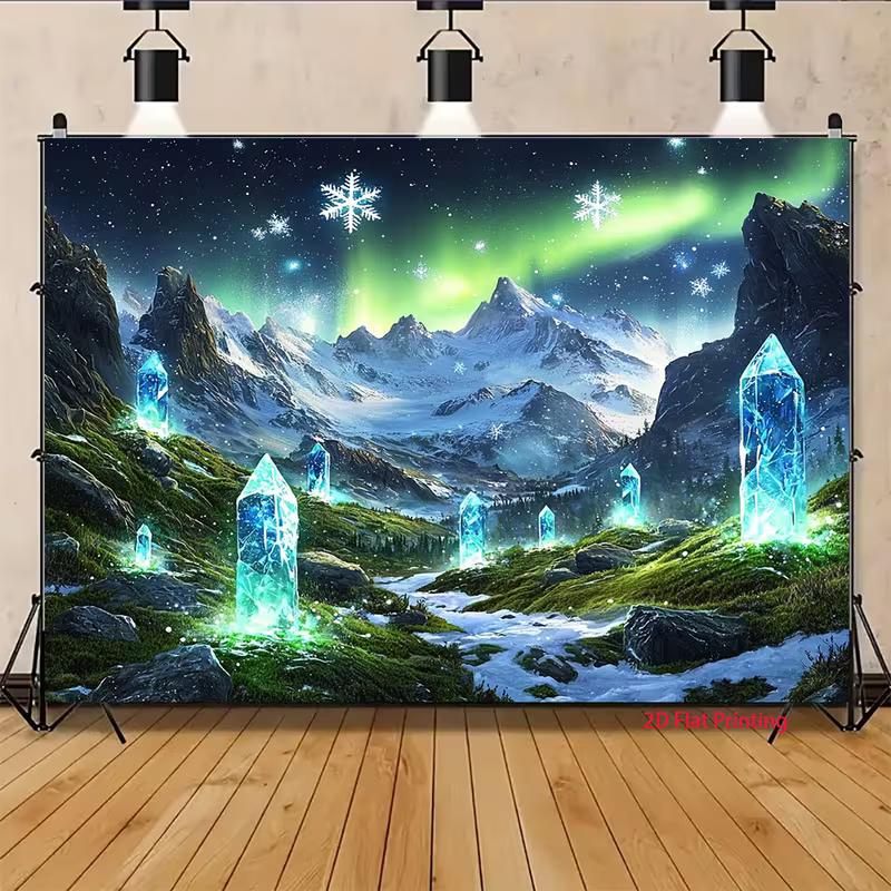 2D Nordlicht Wandteppich, Leuchtende Blaue Kristalle & Winterlandschaft Wandbehang