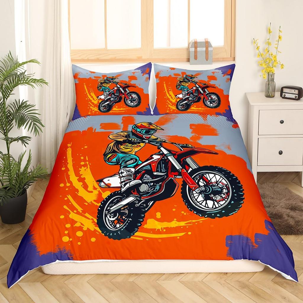Dirt Bike Dynetrekk Twin Motocross Rider Dynetrekk Extreme Sports Sengesett Kult Motorsykkel Sengesett for Gutter Voksne
