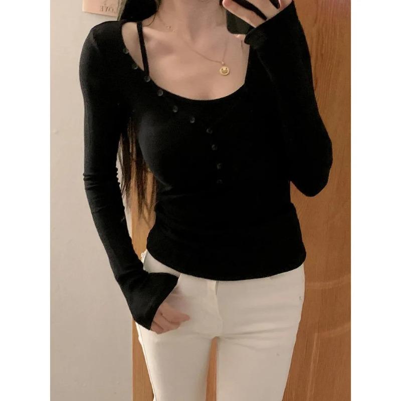 Irregular Button Design Fake Two-piece Threaded Long-sleeved T-shirt Bottoming Shirt for Women Scheming V-neck Short Top