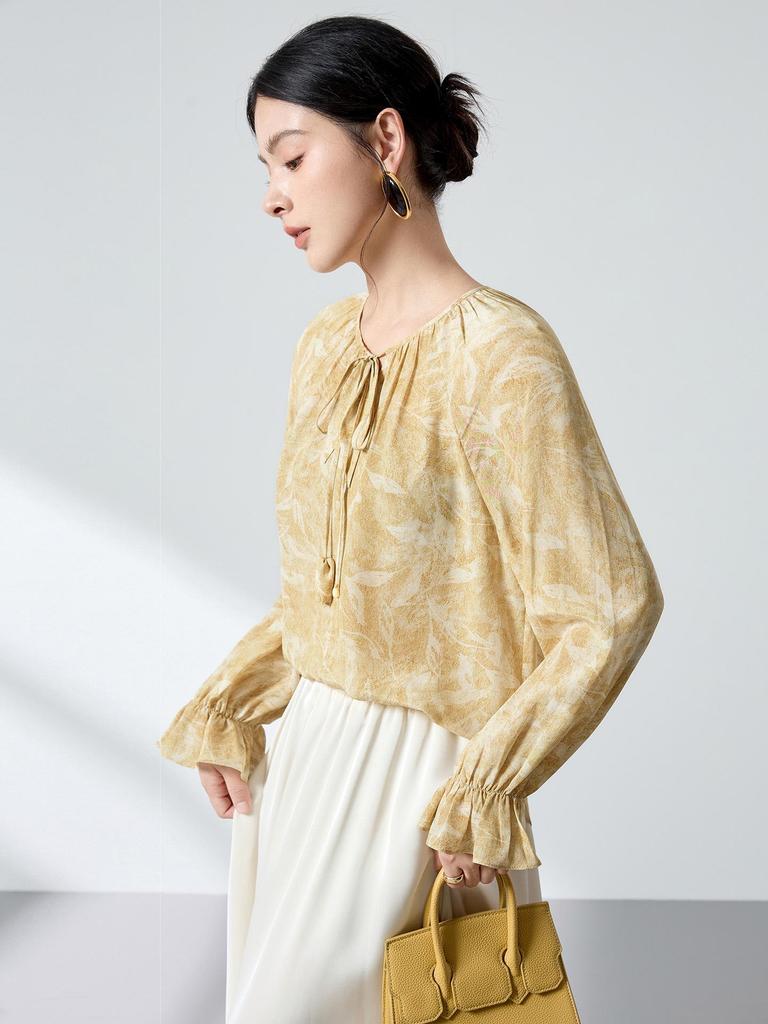 100% Mulberry Silk High-End Shirt, Spring Lantern Sleeves, Double Georgette Tie-Up Print, Women's Top