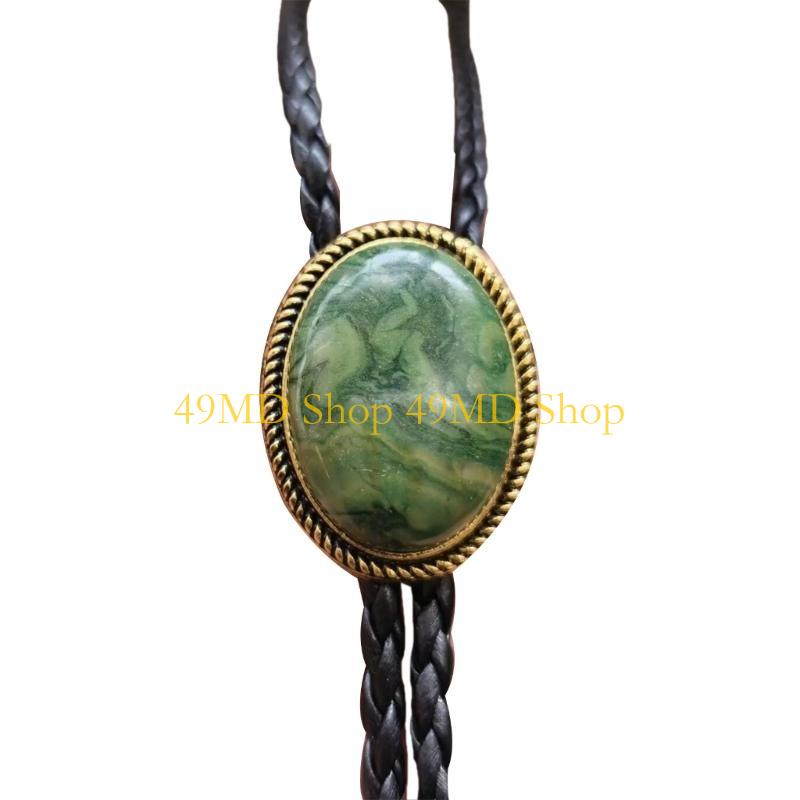 

49MD Braided Leather Rope Bolo Tie with Stone Pendant for Men Women Country Outfits Festivals Necktie Chain Necklace