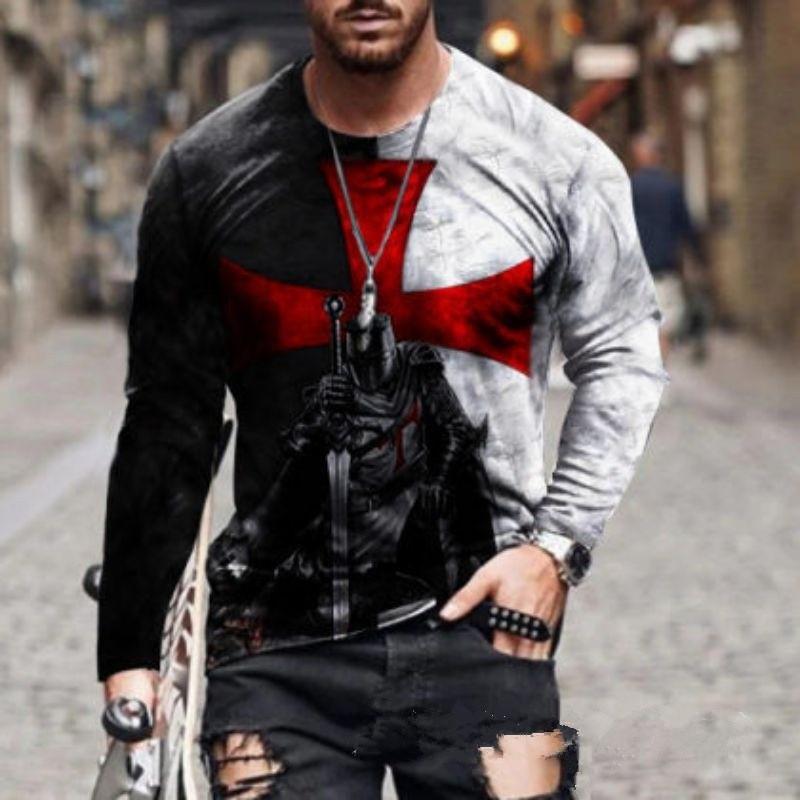 Spring and Autumn Round Neck 3D Knight and Cross Graphic Printed Top Fashionable Casual Long Sleeved Men's T-shirts