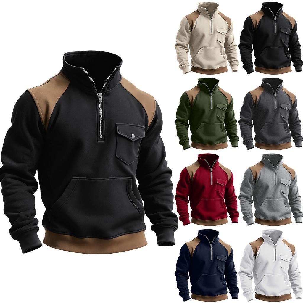 Pánská barevně blokovaná mikina s polovičním zipem, kapsou a stojáčkem Pánská sportovní mikina ve velké velikosti, ležérní mikina se stojáčkem