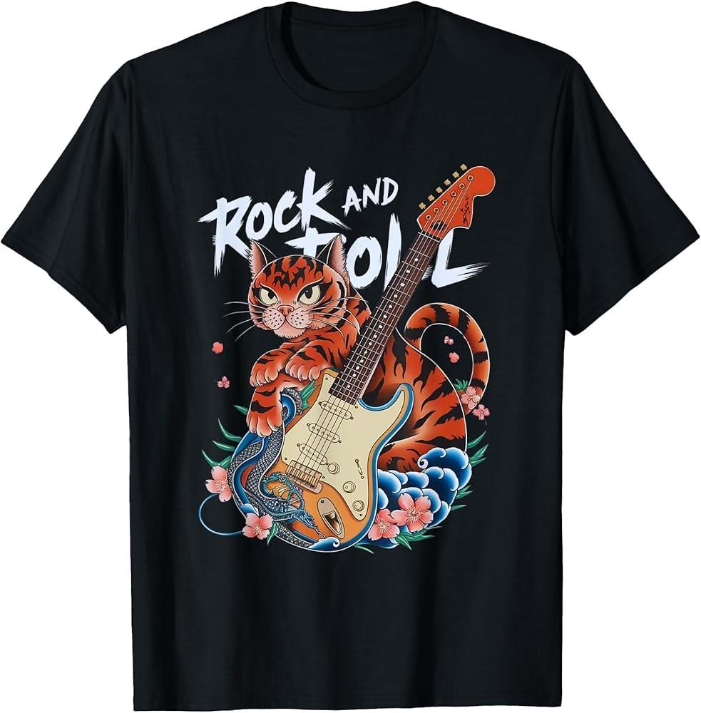 Rock and Roll Guitar Cat Classic Japanese Tattoo Irezumi Art T-Shirt J5