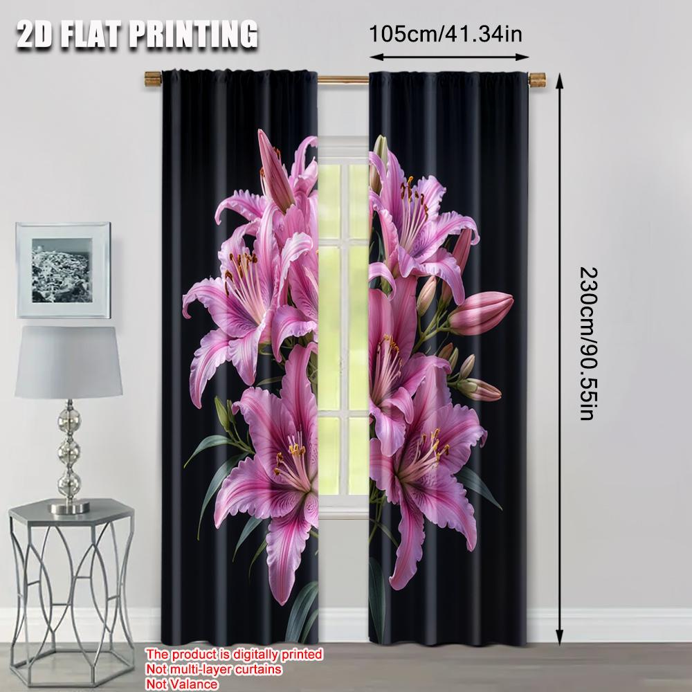 2pcs, 2D flat printing Window Curtains lily Versatile Polyester Fabric,Without Electricity Festive Holiday Applies to Home Use